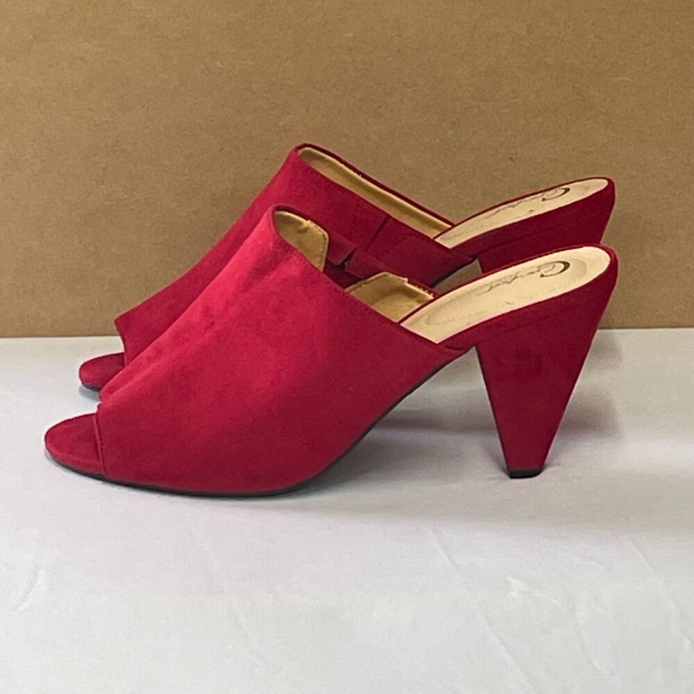 Y2K Red Faux Suede Mule Heels Size 10 Peep Toe Cone Heel Statement Summer Shoes